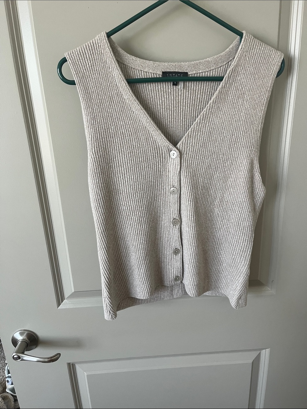 STATE Ribbed V-Neck Button-Front Tank Top — Oatmeal Beige - Picture 1 of 3